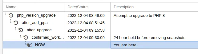 A cropped screenshot of Proxmox, showing the list of snapshots for a particulater container. From top to bottom (oldest to newest), they read

php_version_upgrade, taken 2022-12-04 at 8:48:09 AM, description "Attempt to upgrade to PHP 8"
after_add_ppa, taken 2022-12-04 at 8:51:45 AM
after_upgrade, taken 2022-12-04 at 9:15:58 AM
confirmed_working, taken 2022:14:02 at 9:30:09 AM, description "24 hour hold before removing snapshots"
NOW, "You are here!"